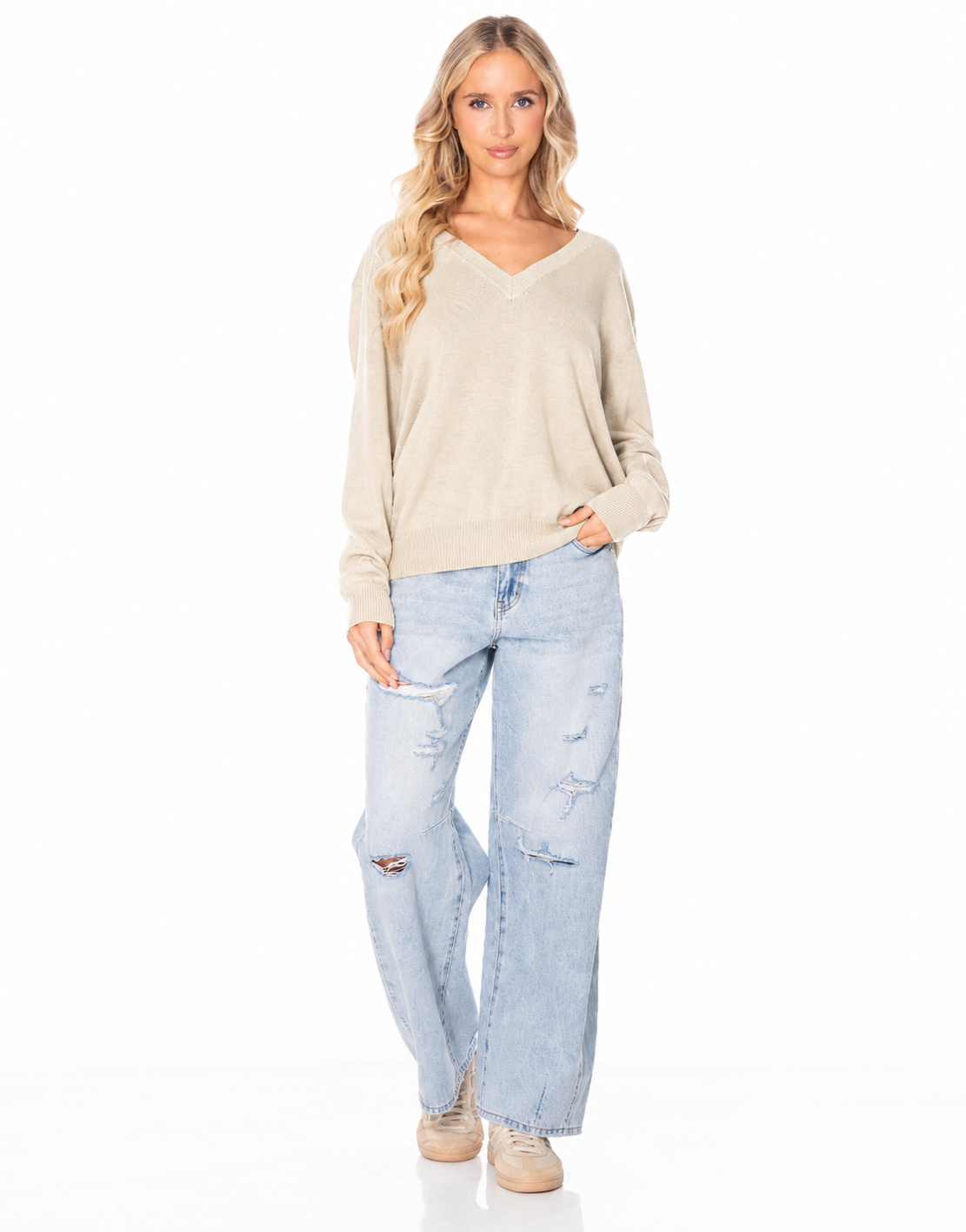 V Neck Fine Knit Sweater - Apricot