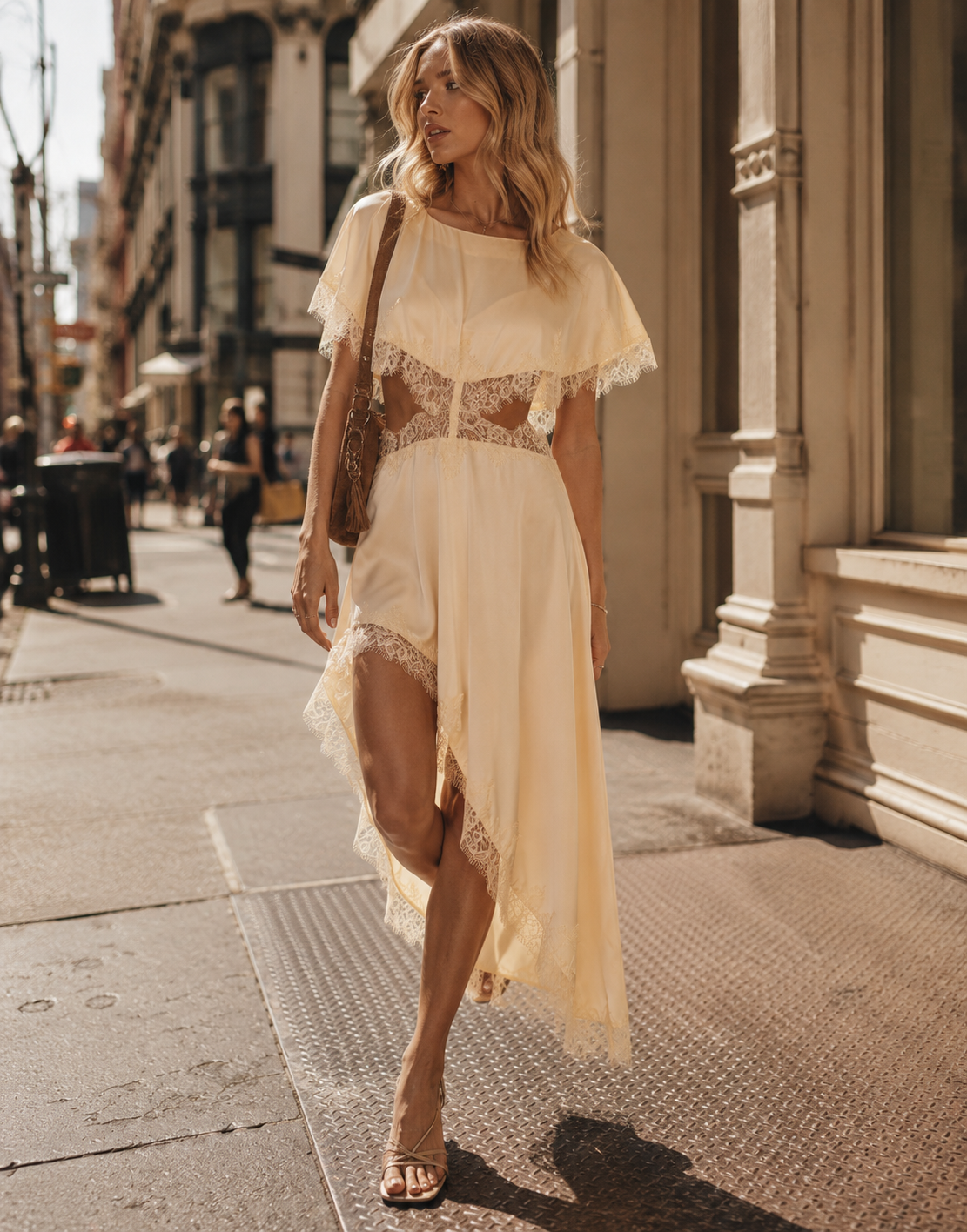 Asymmetrical Lace Midi Dress - Yellow