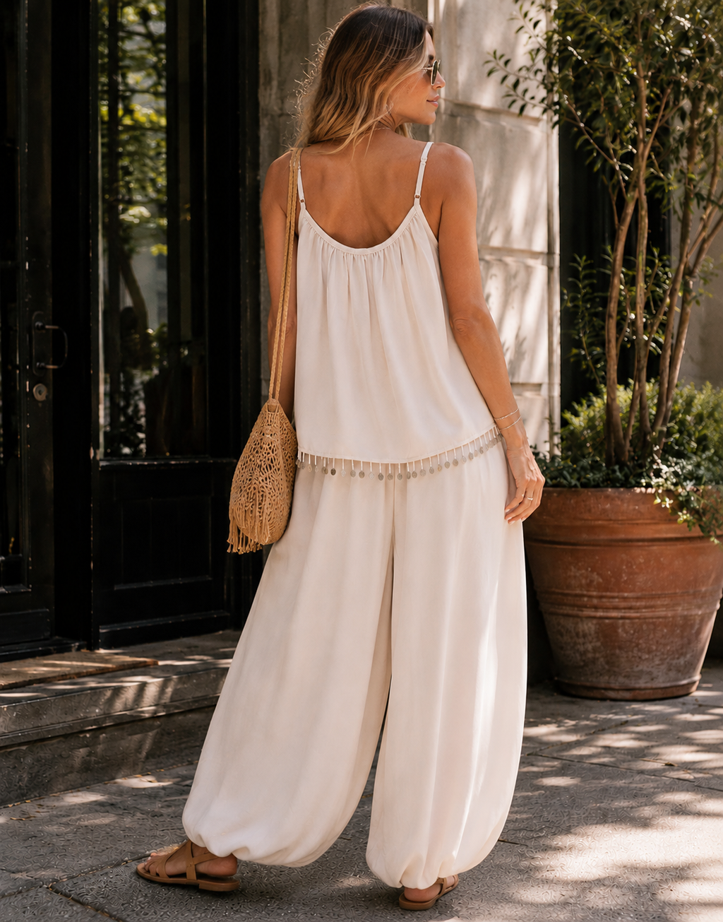 Cami And Flowy Pant Set - Apricot