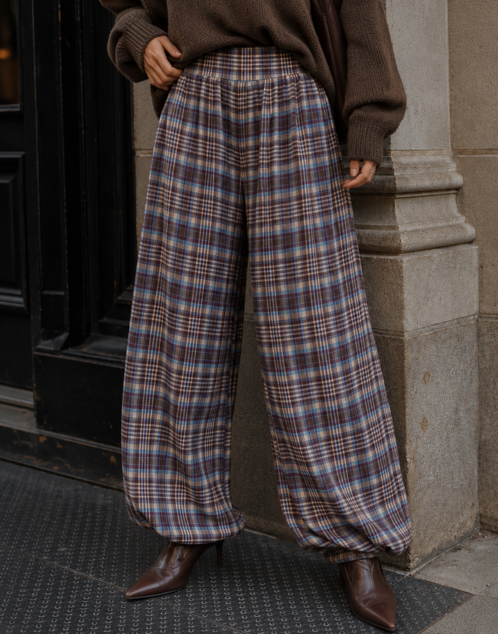 Plaid Harem Pants - Light Blue