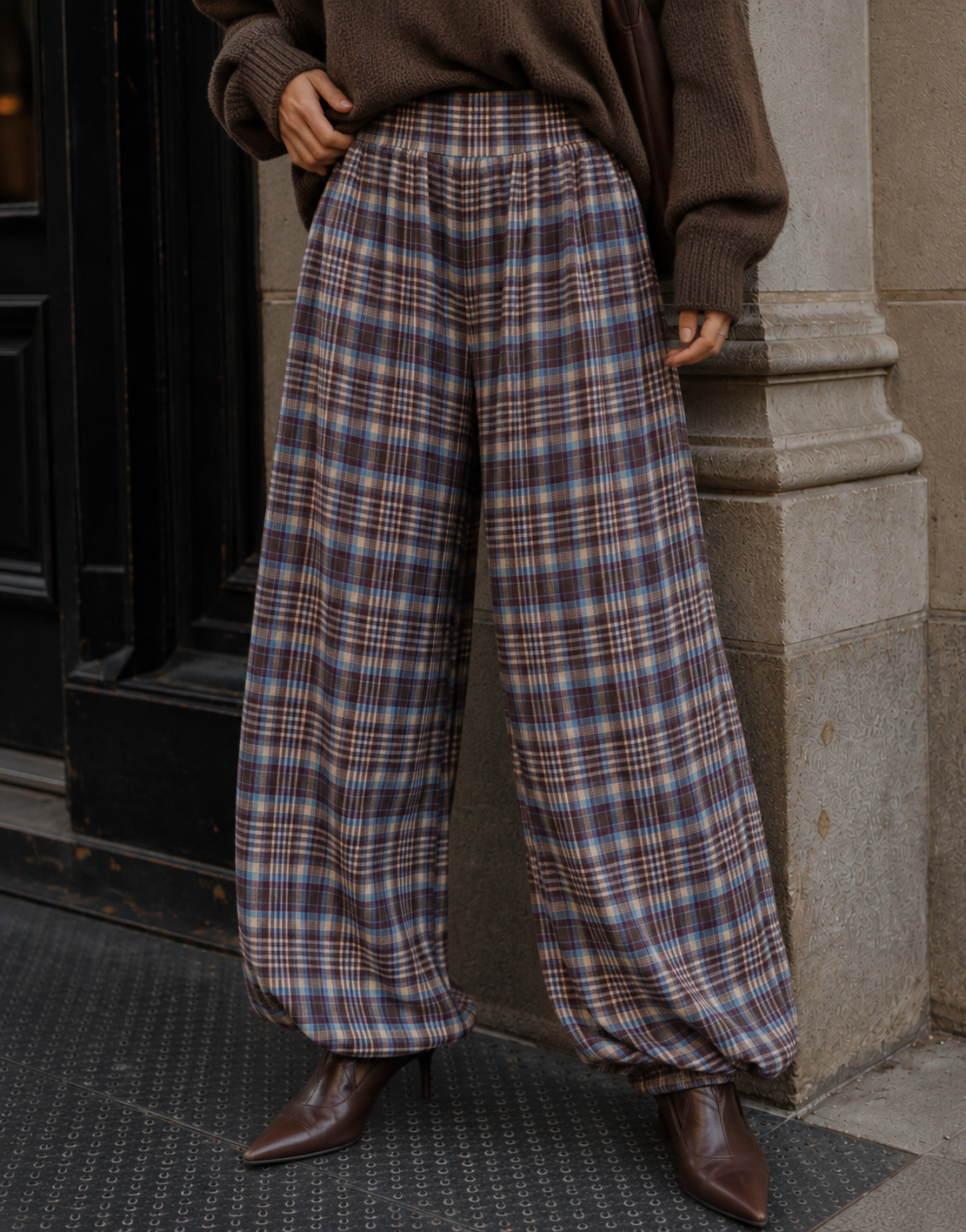 Plaid Harem Pants - Light Blue