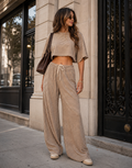 Striped Shirt And Wide-Pant Set - Camel