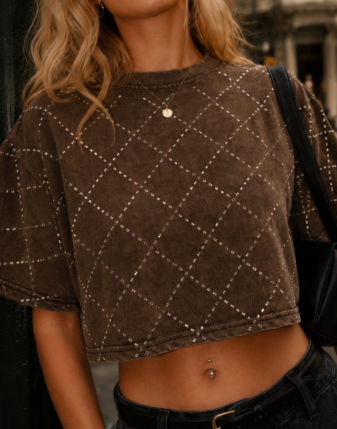 Diamond Studded Cropped Tee - Brown