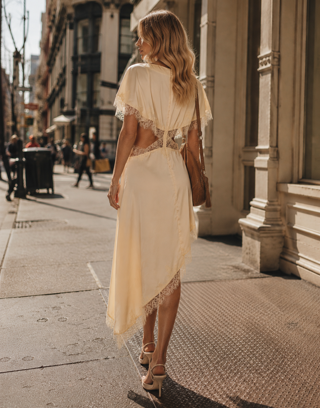 Asymmetrical Lace Midi Dress - Yellow