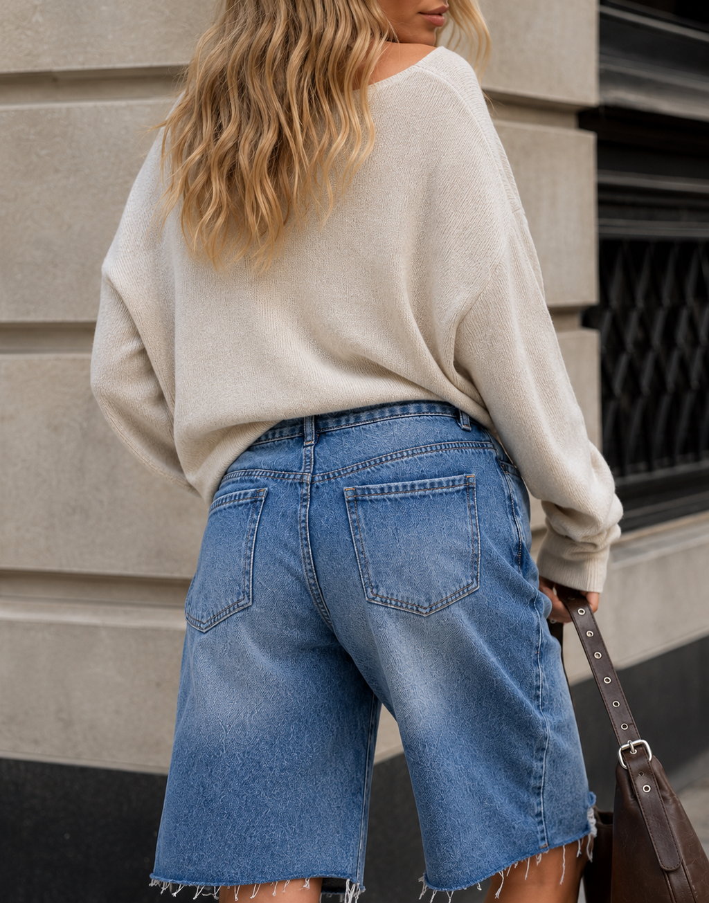 Distressed Denim Bermuda Shorts - Denim
