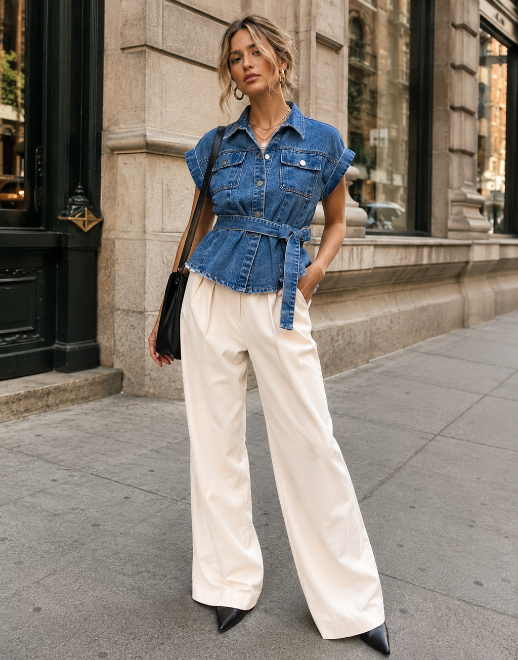 Denim Belted Button-Down Top - Denim