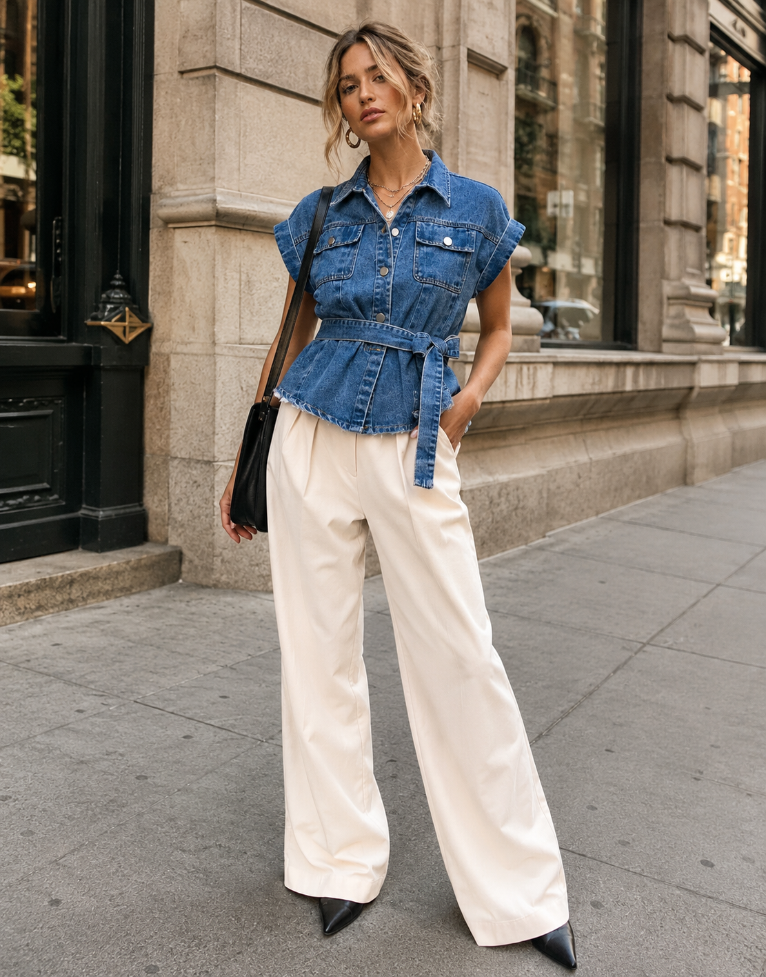 Denim Belted Button-Down Top - Denim