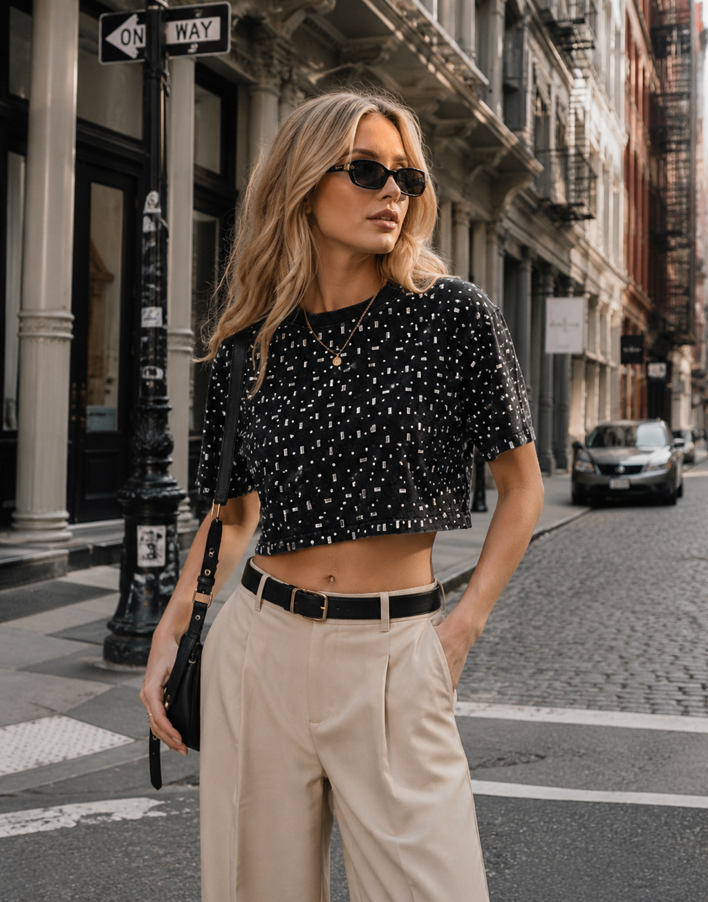 Speckled Short Sleeve Crop Top - Black