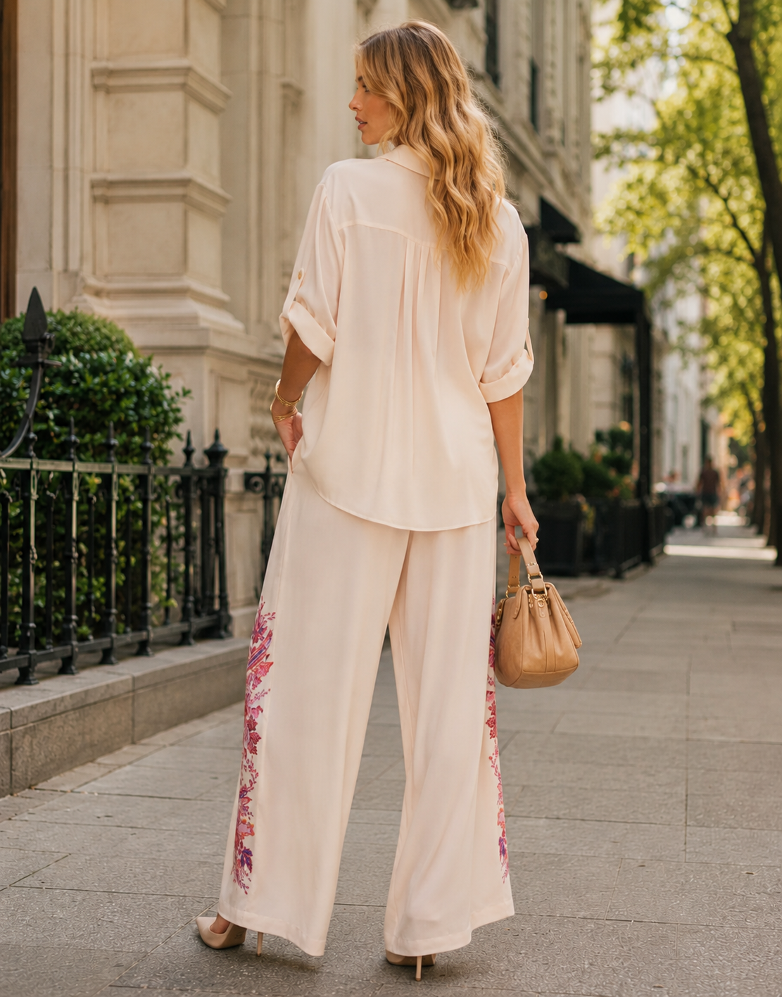 Two Piece Set With A Button Up Shirt and Wide Leg Pants - Pink