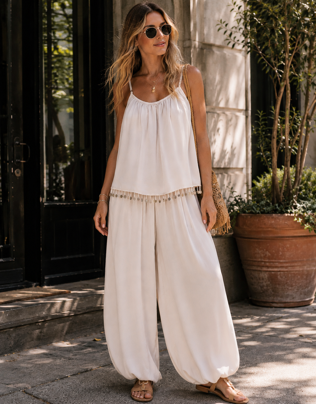Cami And Flowy Pant Set - Apricot