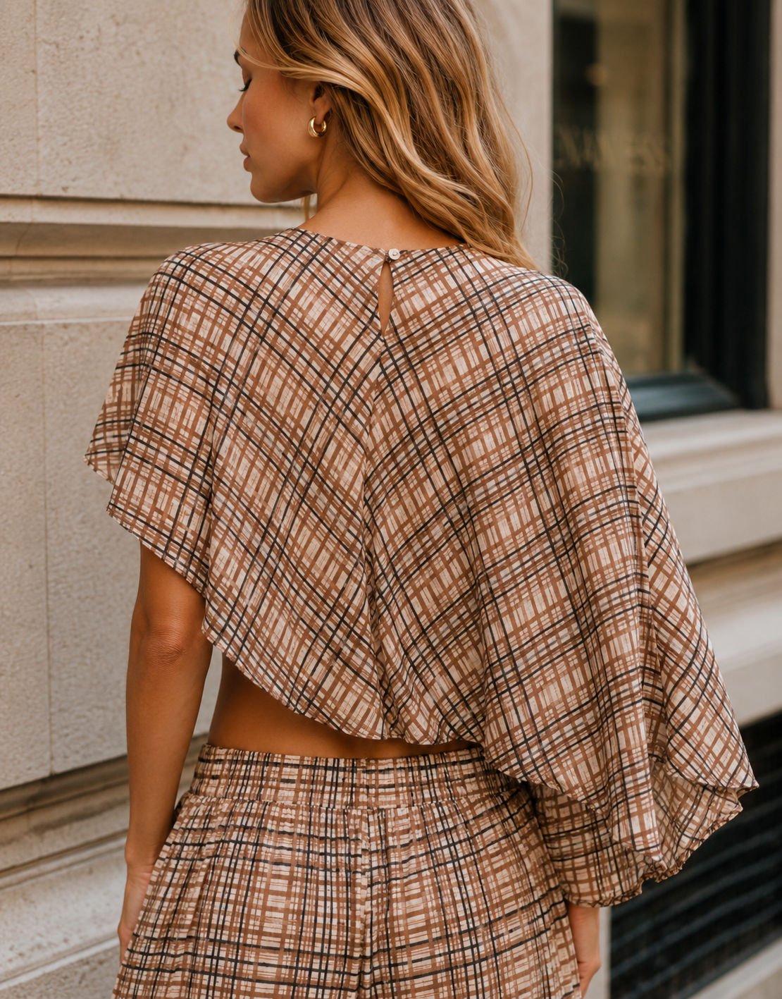 Plaid Cape Top and Pants Matching Set - Brown