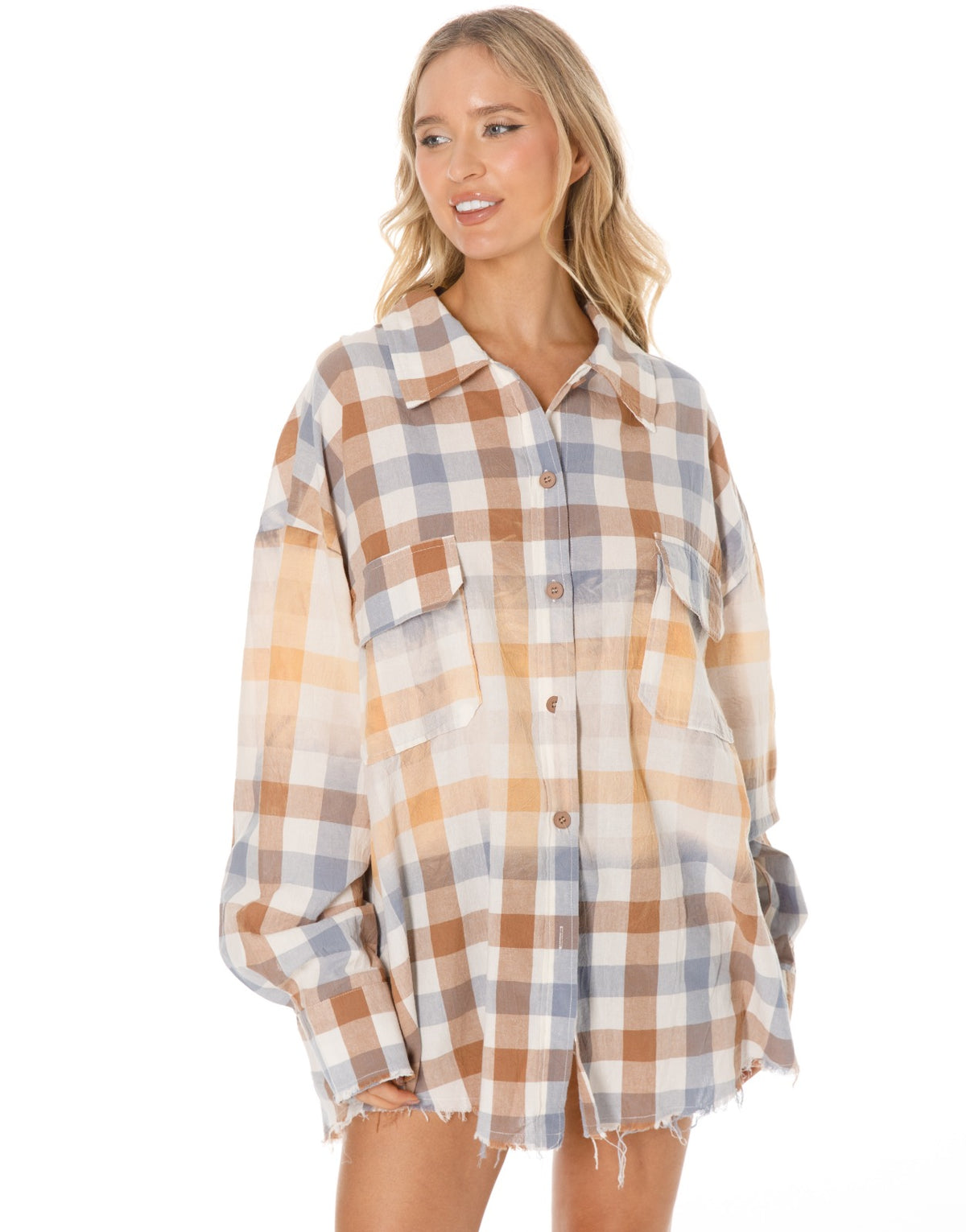 Oversized Bleached Plaid Button Up Shirt - Orange
