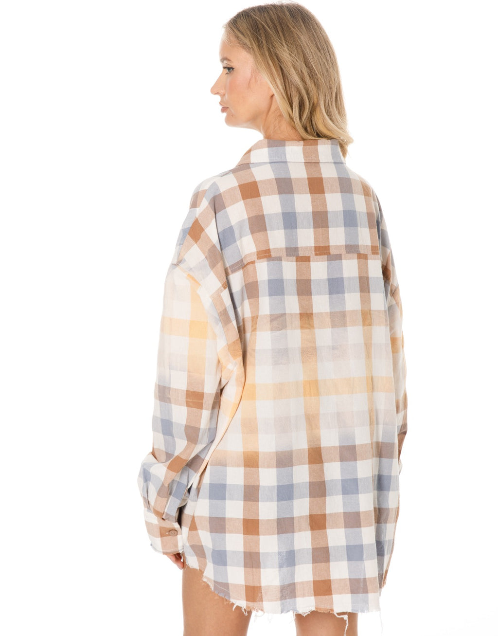 Oversized Bleached Plaid Button Up Shirt - Orange