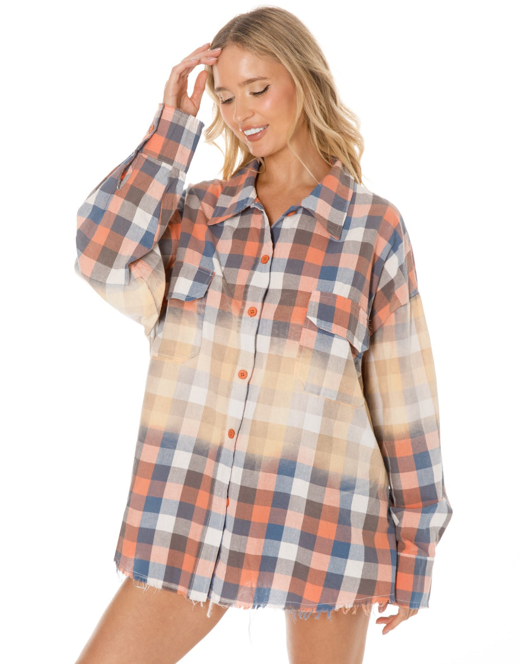 Oversized Bleached Plaid Button Up Shirt - Blue