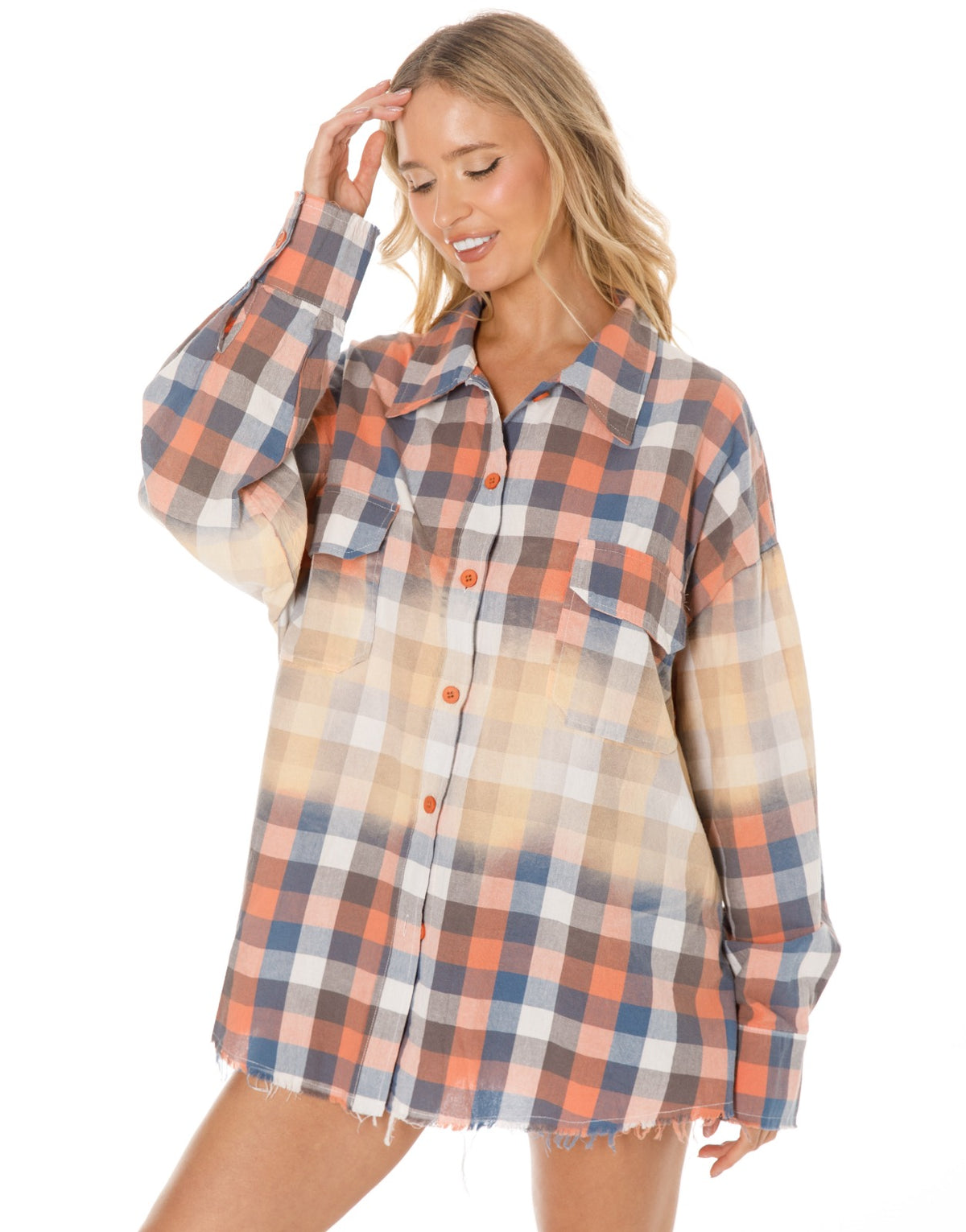 Oversized Bleached Plaid Button Up Shirt - Blue