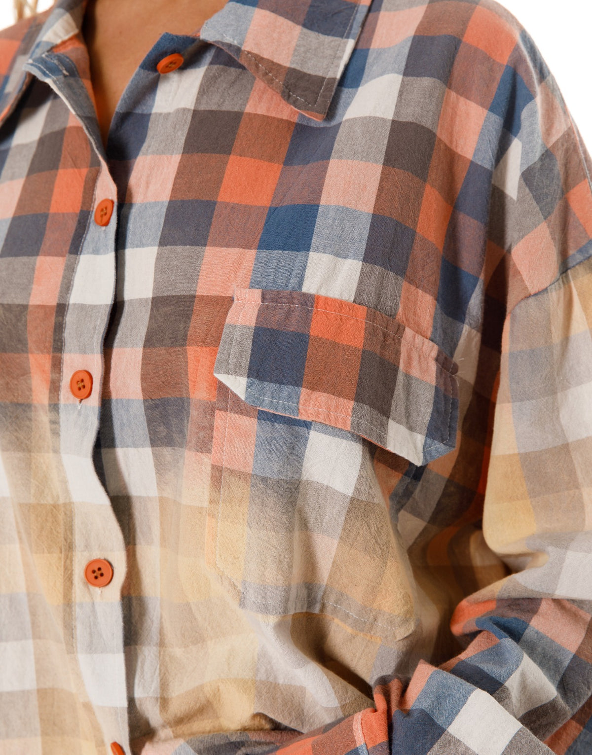 Oversized Bleached Plaid Button Up Shirt - Blue