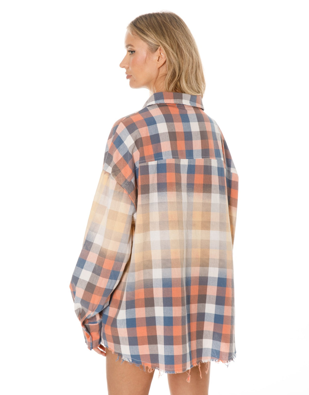 Oversized Bleached Plaid Button Up Shirt - Blue
