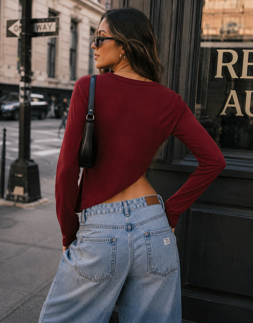 Long-Sleeve Asymmetric Crop Top - Burgundy