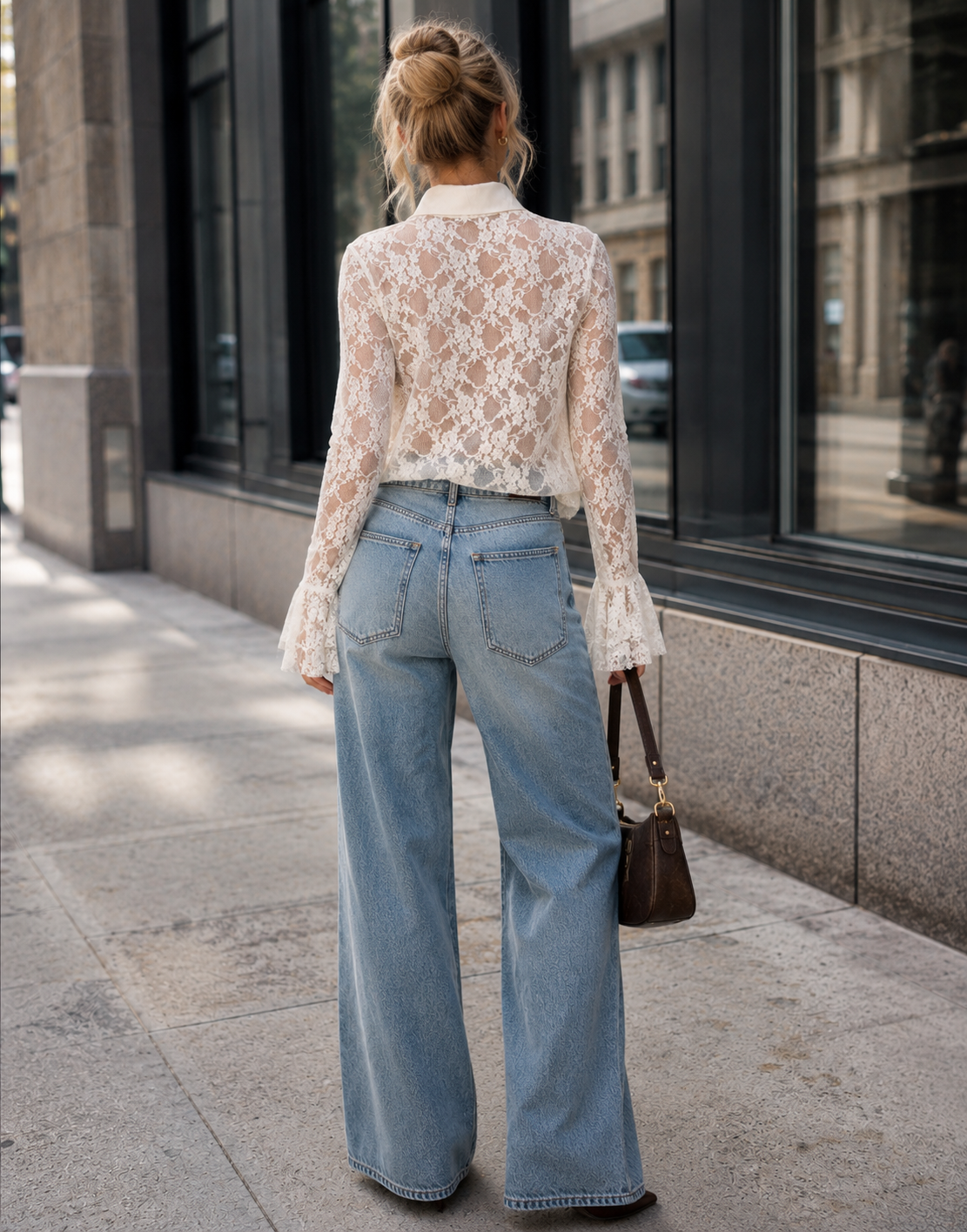 Lace Ruffle Long Sleeve Top - Yellow