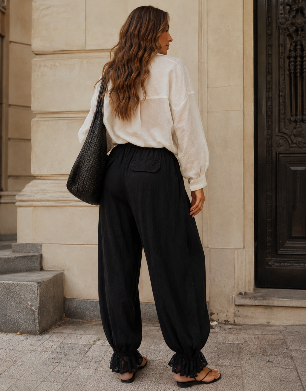 Lace-Panel Wide-Leg Pant - Black