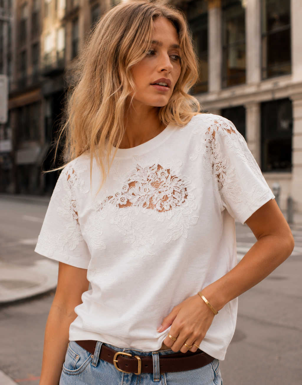 Lace Detail Short Sleeve Top - White