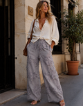 Wide Leg Pant with Embroidery Patchwork - Grey