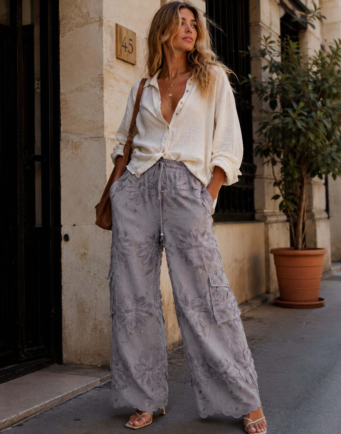 Wide Leg Pant with Embroidery Patchwork - Grey