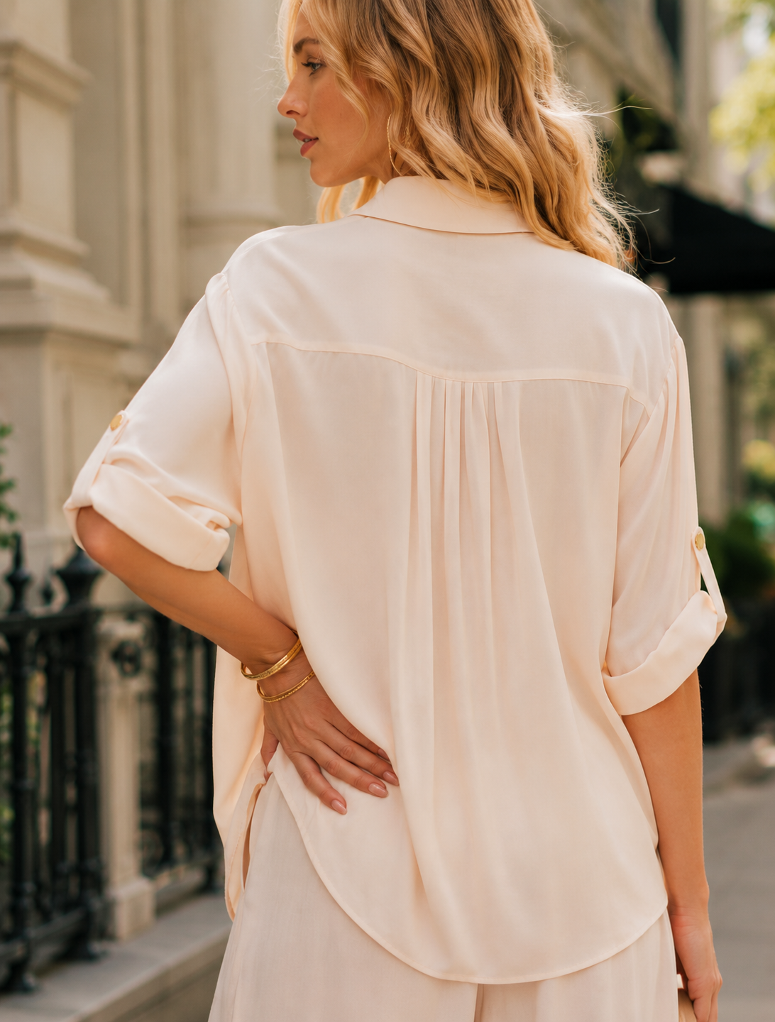 Two Piece Set With A Button Up Shirt and Wide Leg Pants - Pink