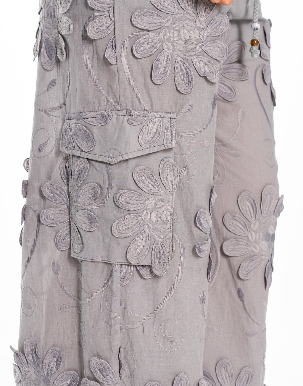 Lace-Panel Wide-Leg Pant - Grey