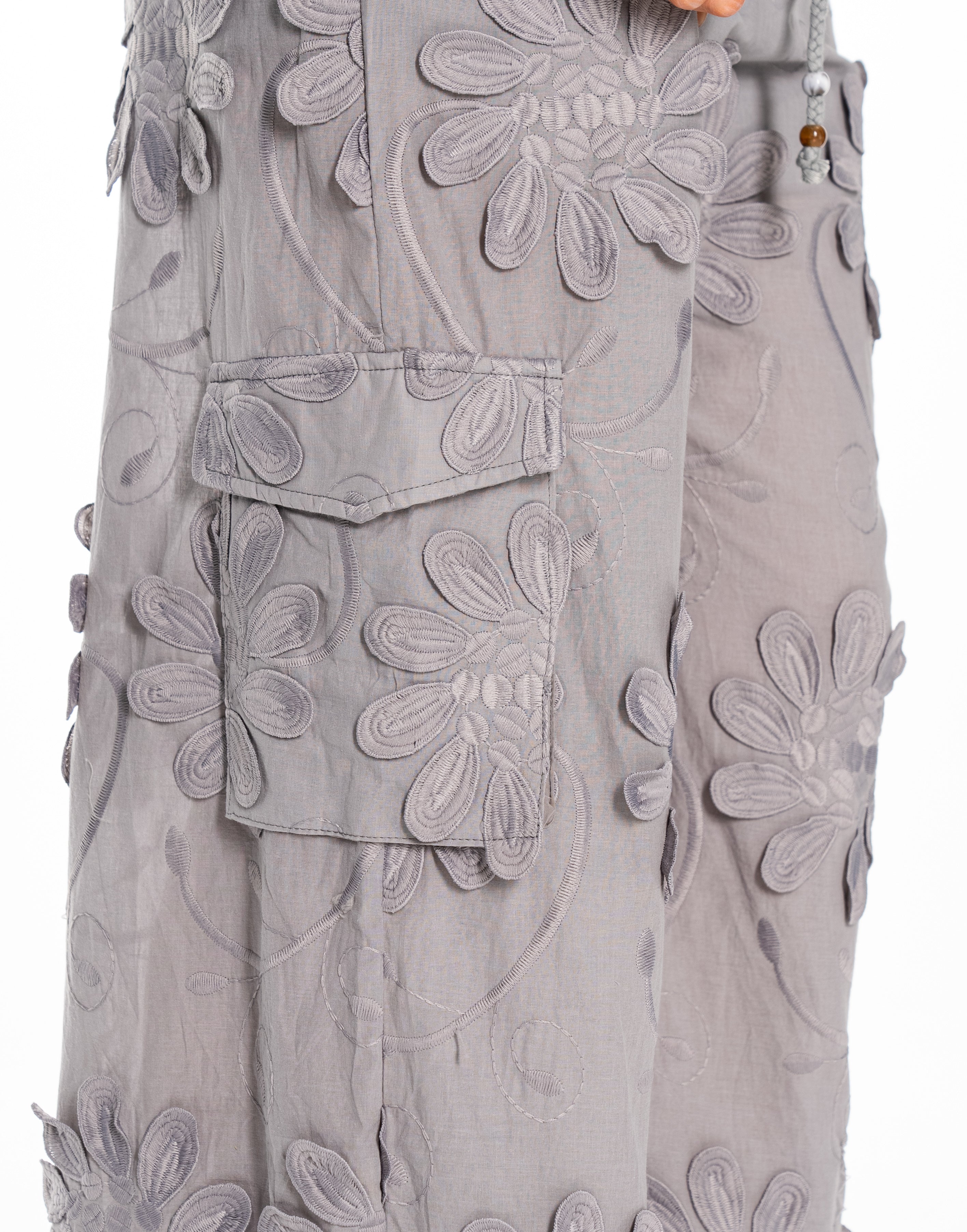 Lace-Panel Wide-Leg Pant - Grey