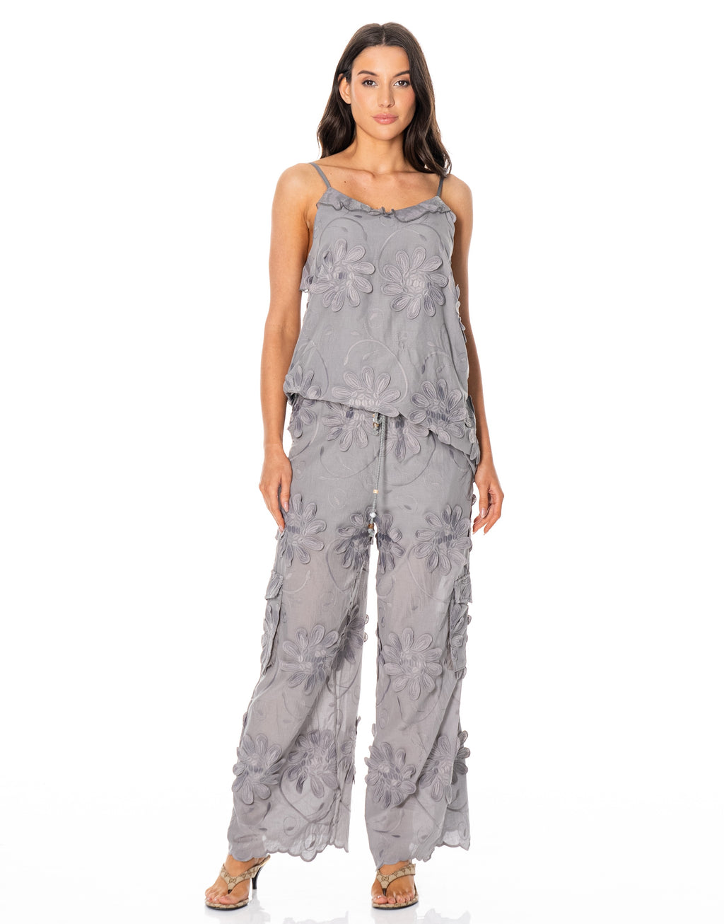 Lace-Panel Wide-Leg Pant - Grey