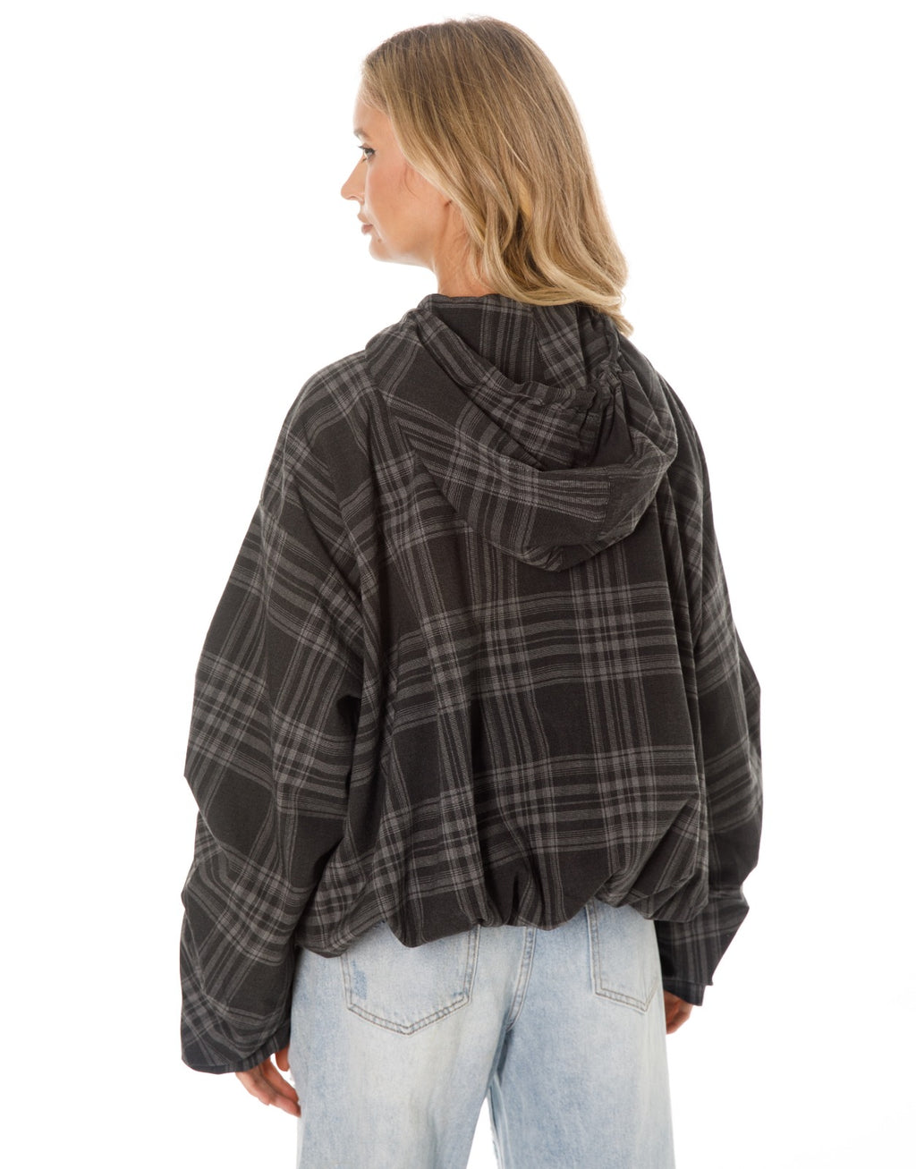 Oversized Plaid Hooded Zip Jacket - Black