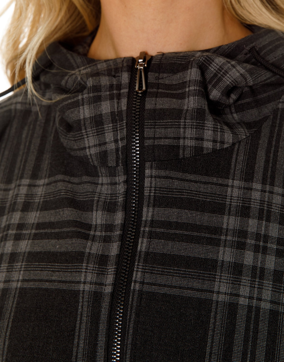 Oversized Plaid Hooded Zip Jacket - Black