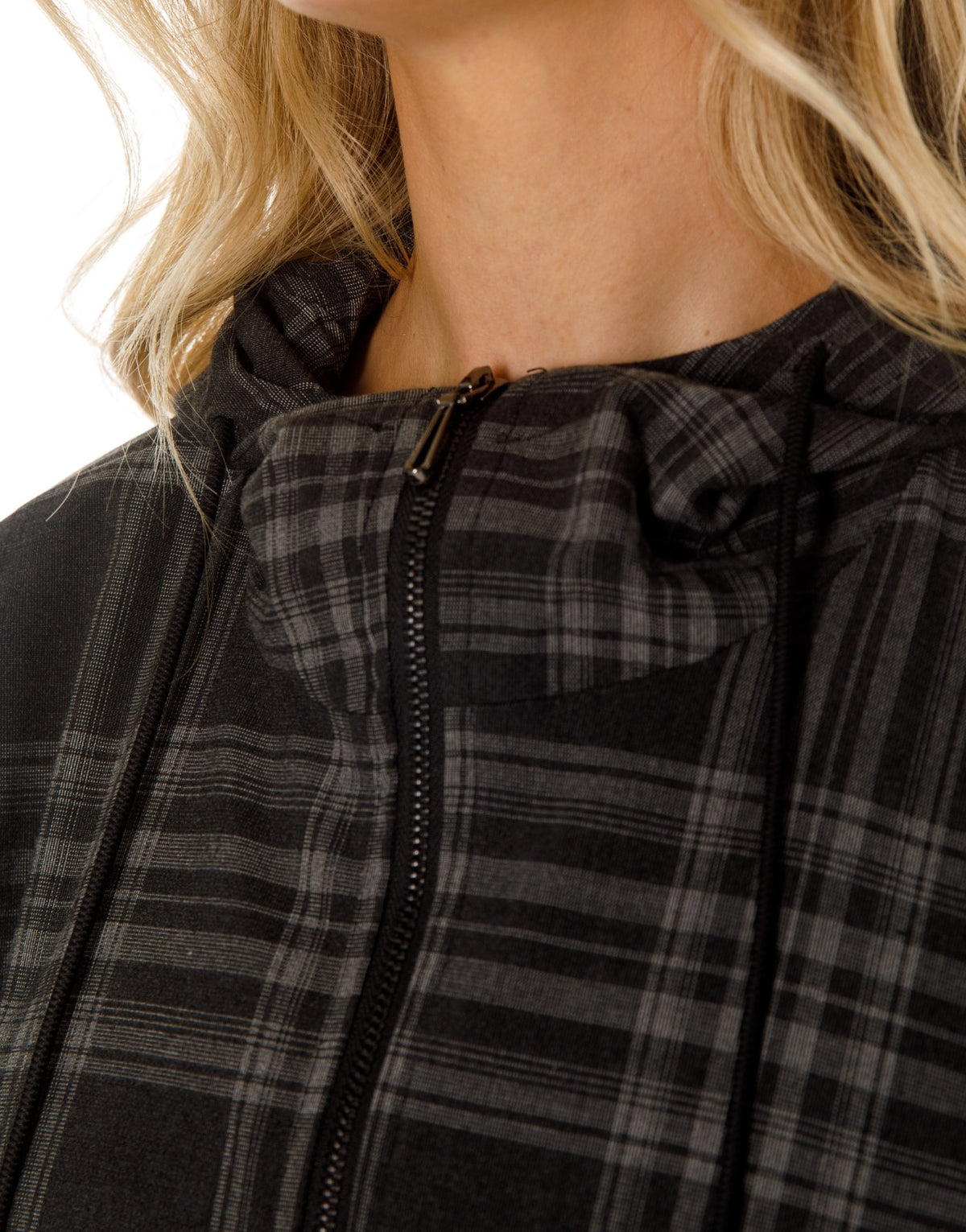 Oversized Plaid Hooded Zip Jacket - Black