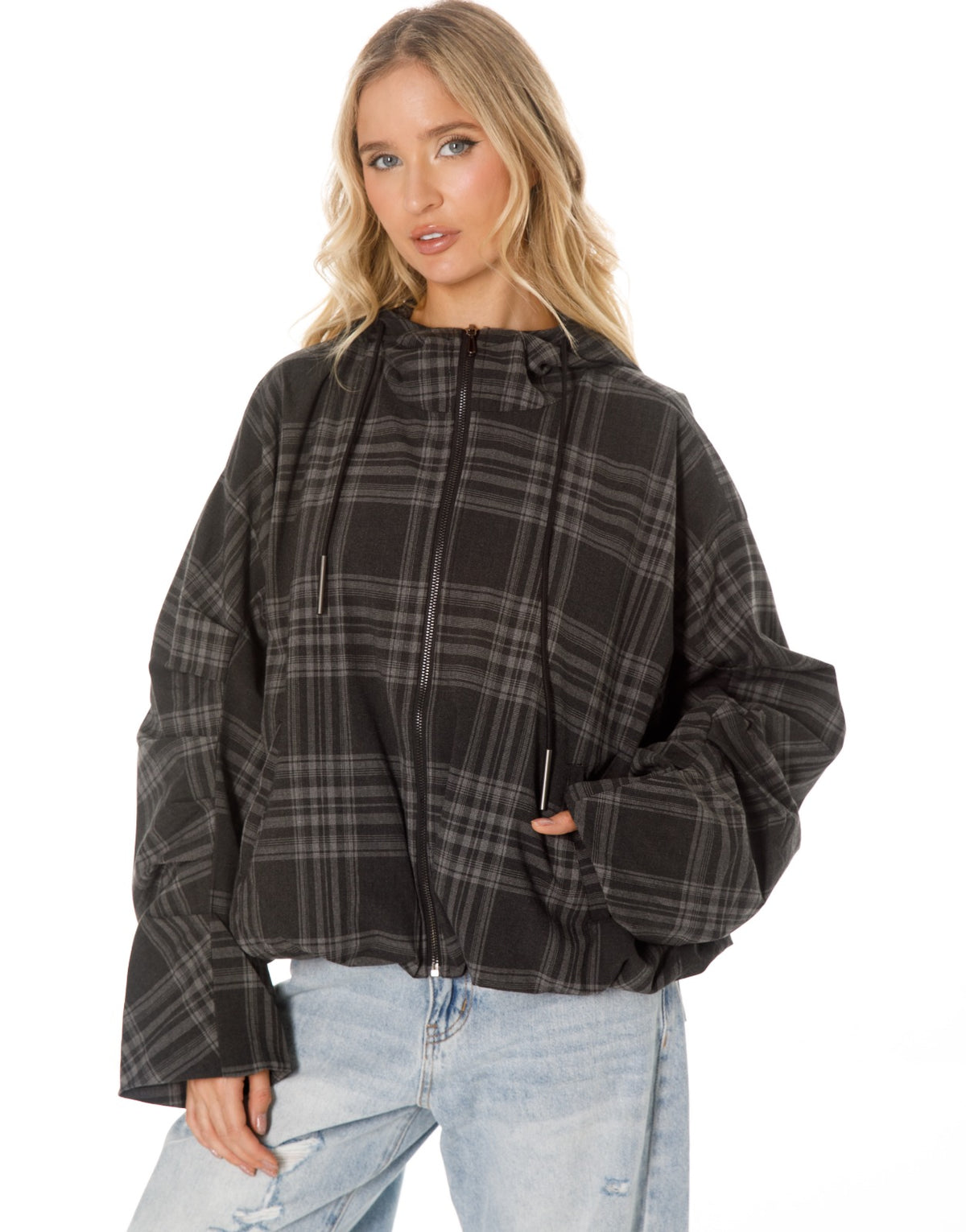 Oversized Plaid Hooded Zip Jacket - Black