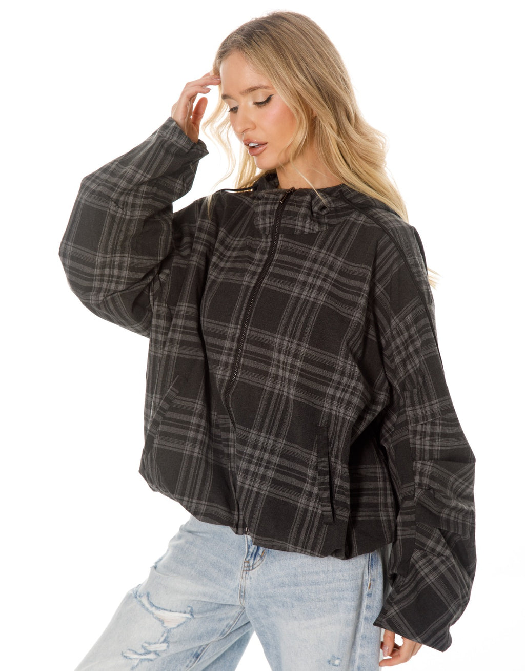 Oversized Plaid Hooded Zip Jacket - Black