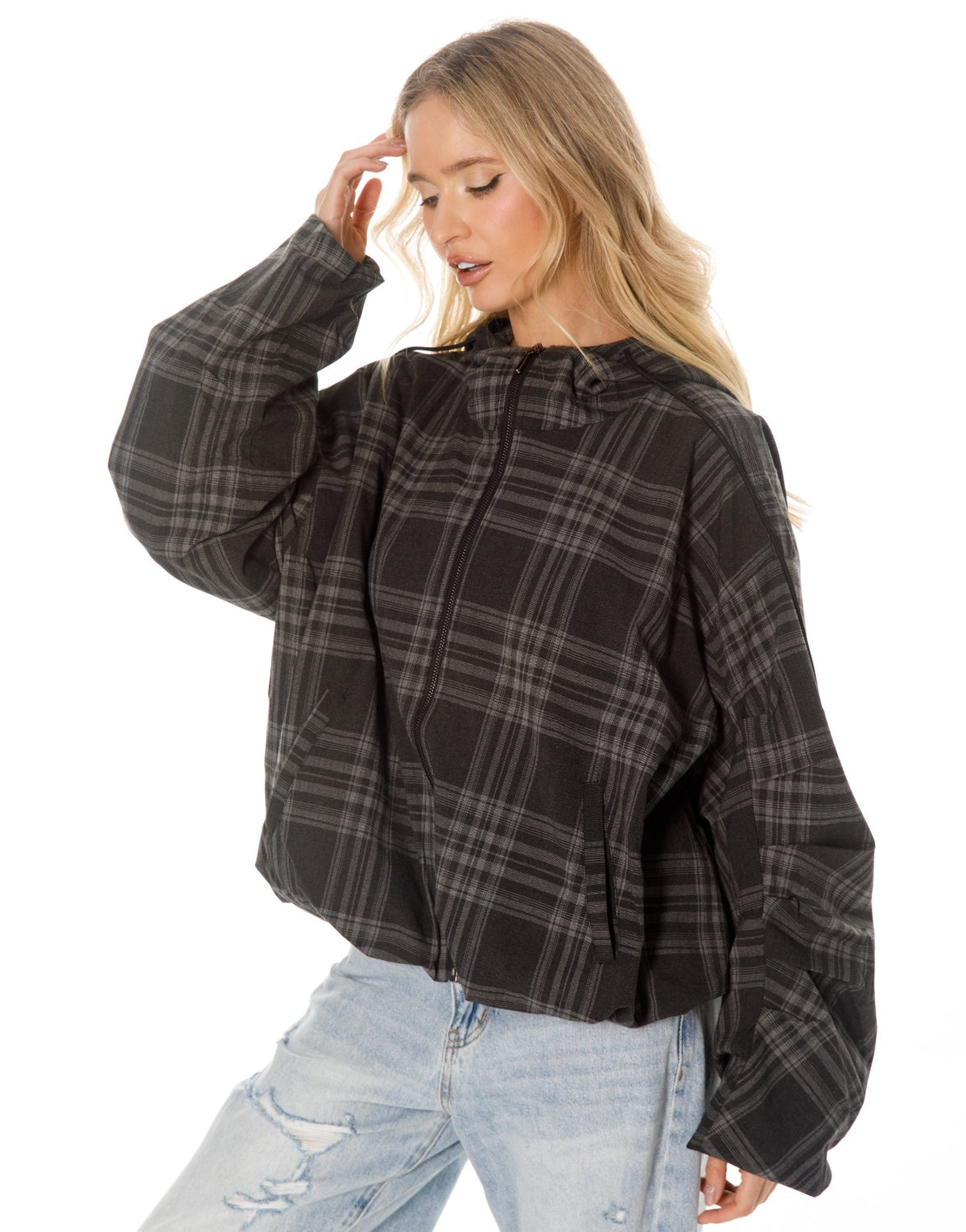 Oversized Plaid Hooded Zip Jacket - Black