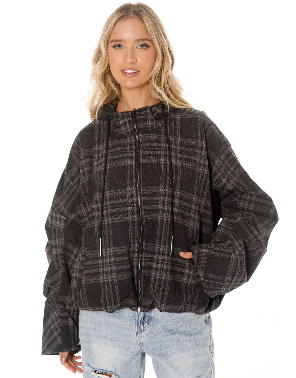 Oversized Plaid Hooded Zip Jacket - Black