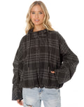 Oversized Plaid Hooded Zip Jacket - Black