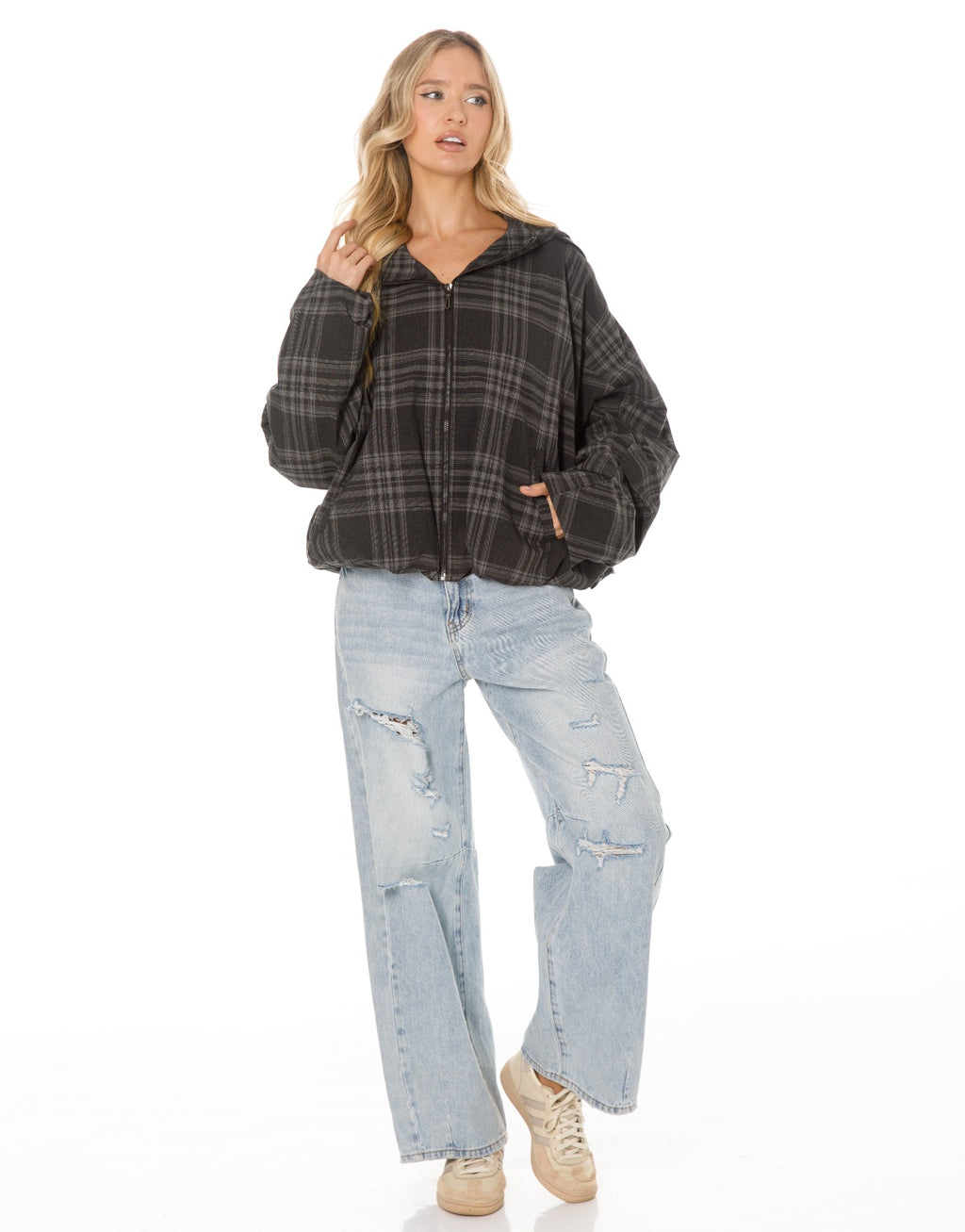 Oversized Plaid Hooded Zip Jacket - Black