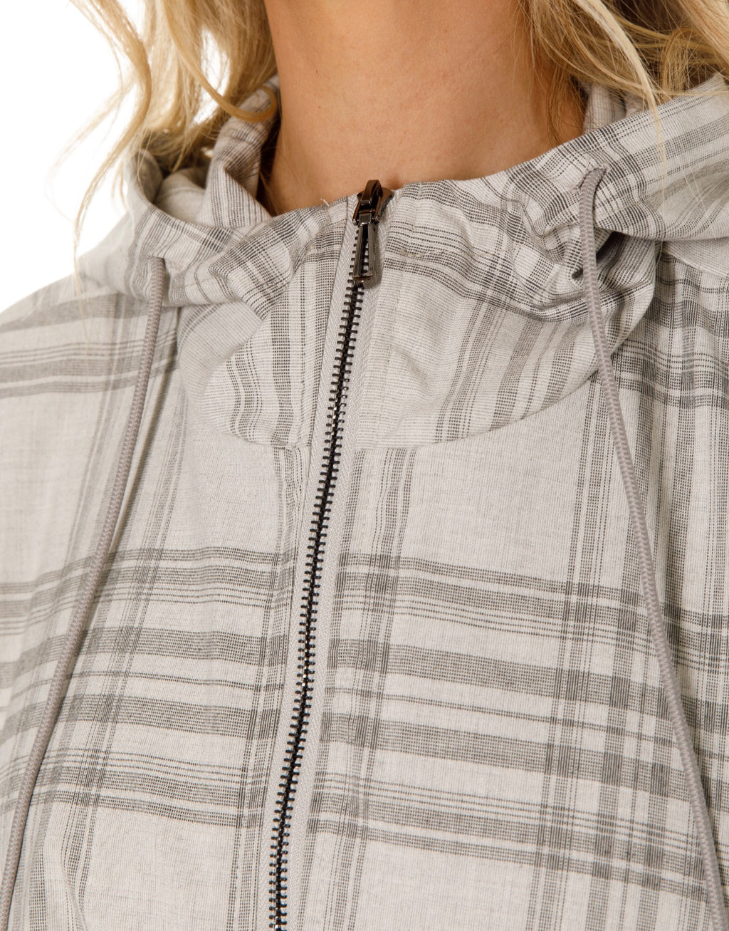Oversized Plaid Hooded Zip Jacket - White