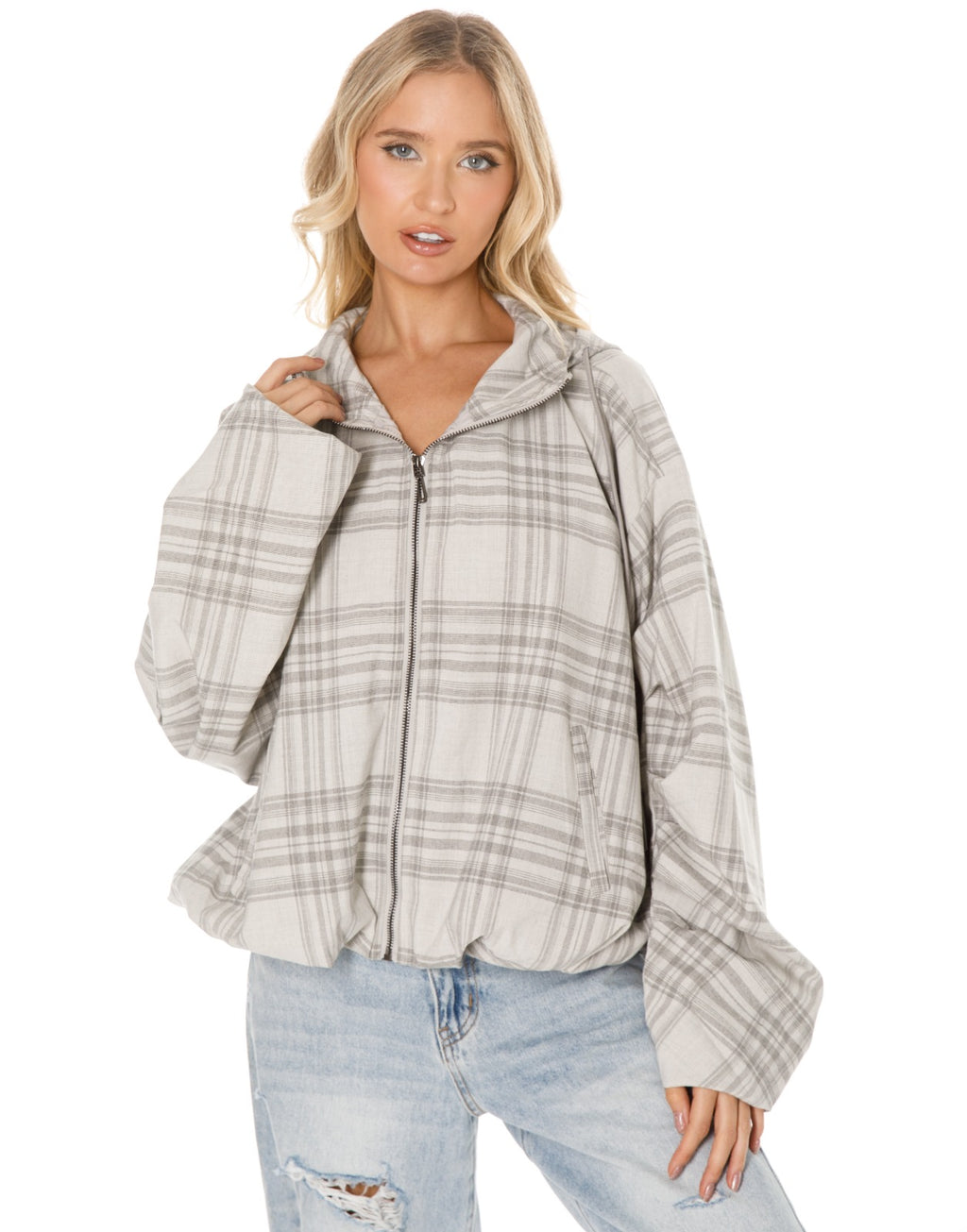Oversized Plaid Hooded Zip Jacket - White