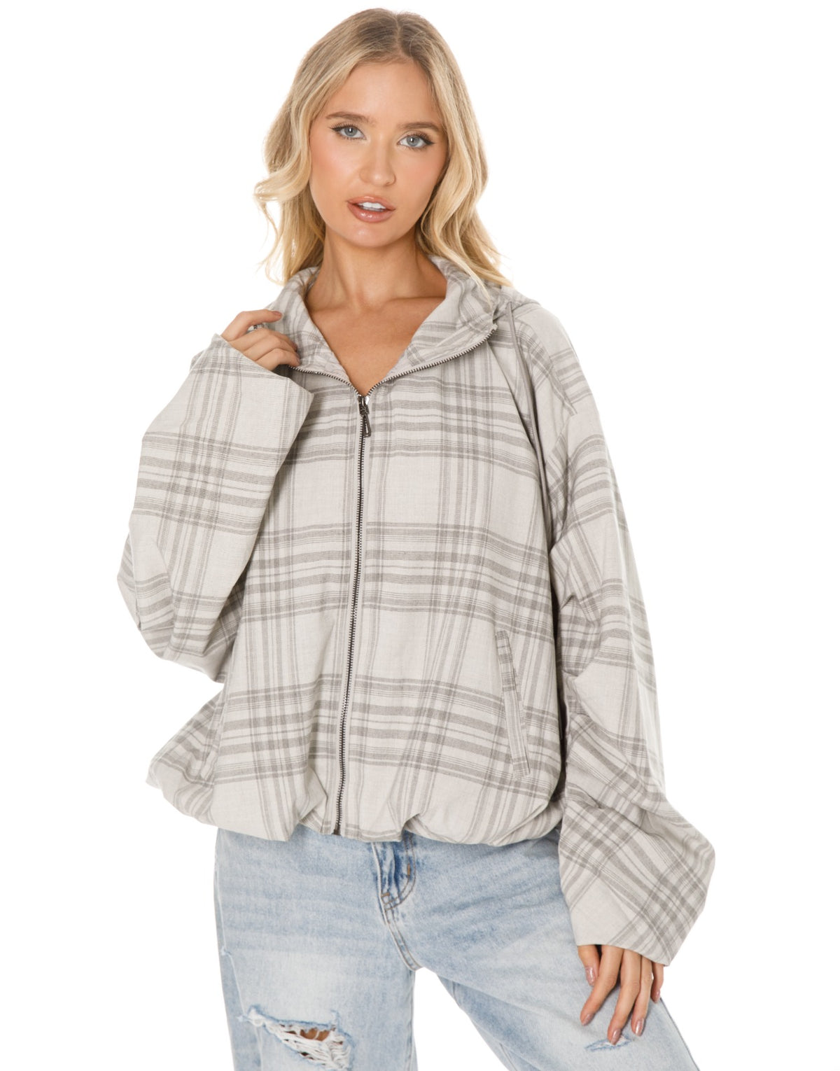 Oversized Plaid Hooded Zip Jacket - White