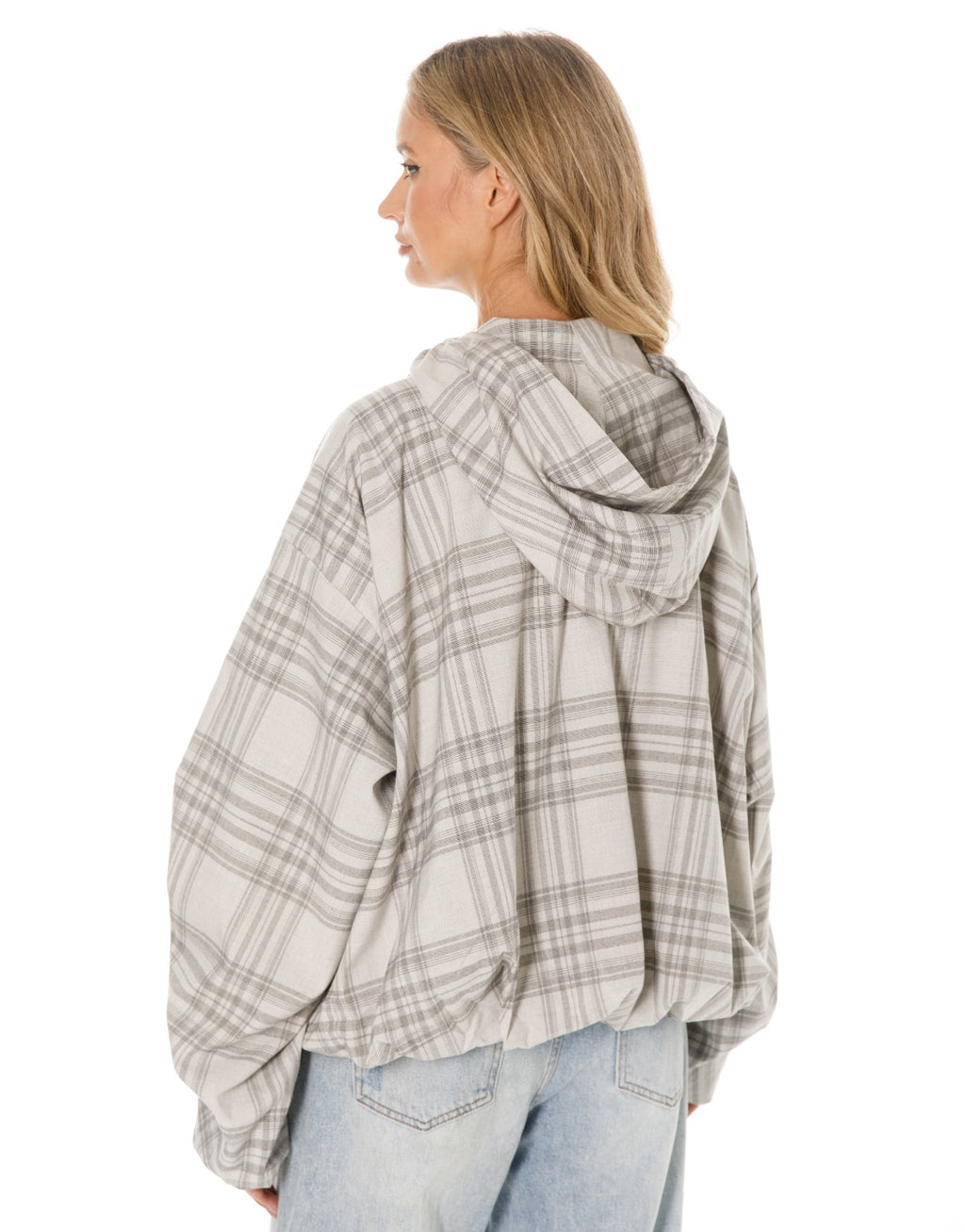 Oversized Plaid Hooded Zip Jacket - White