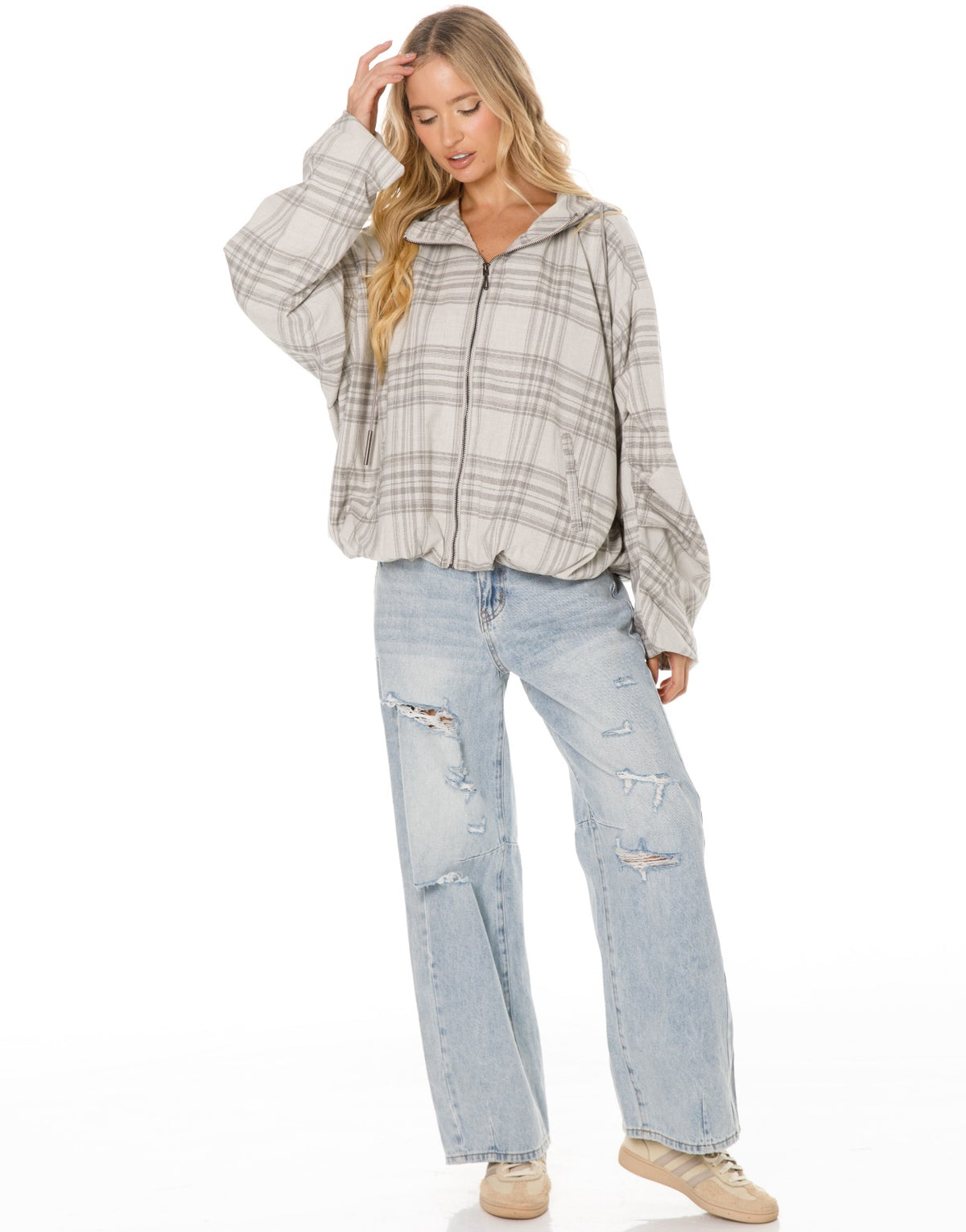 Oversized Plaid Hooded Zip Jacket - White