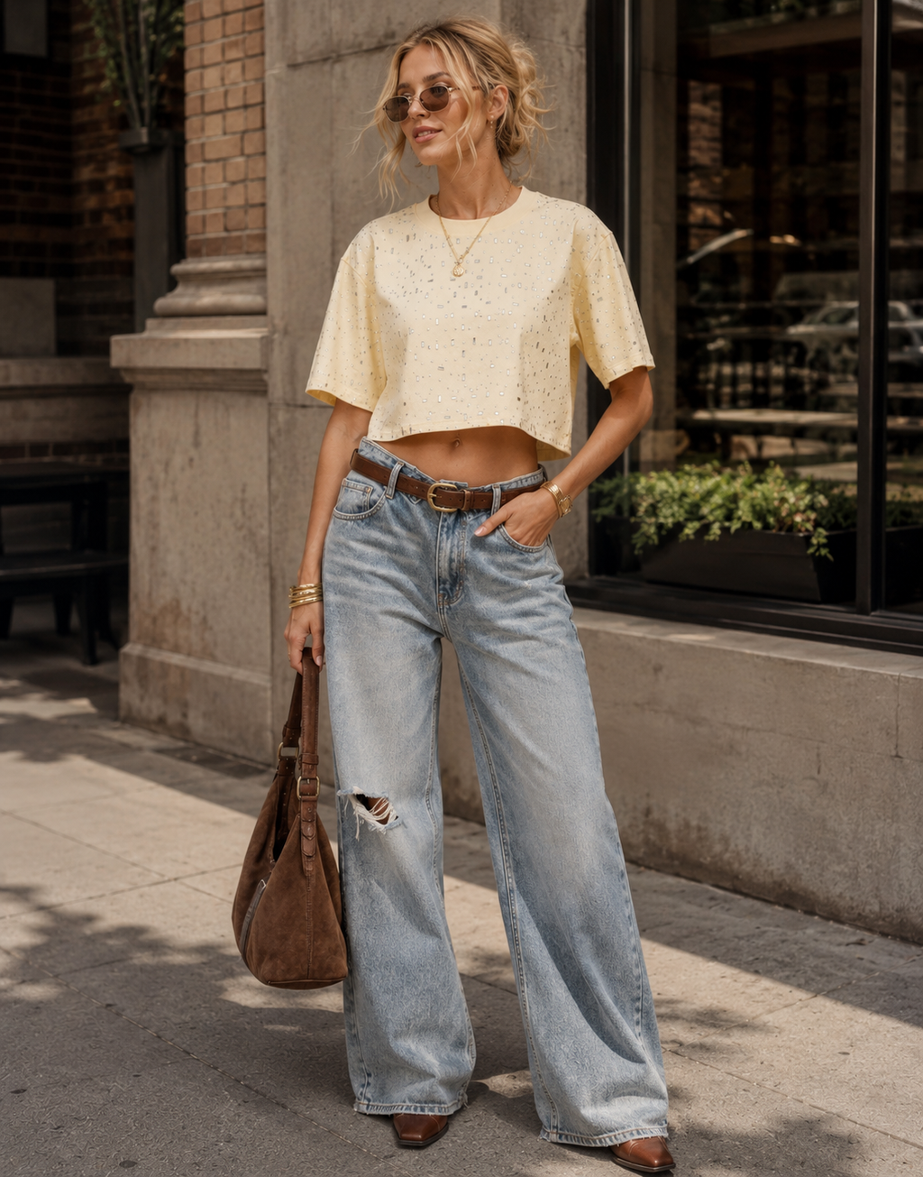 Speckled Short Sleeve Crop Top - Beige
