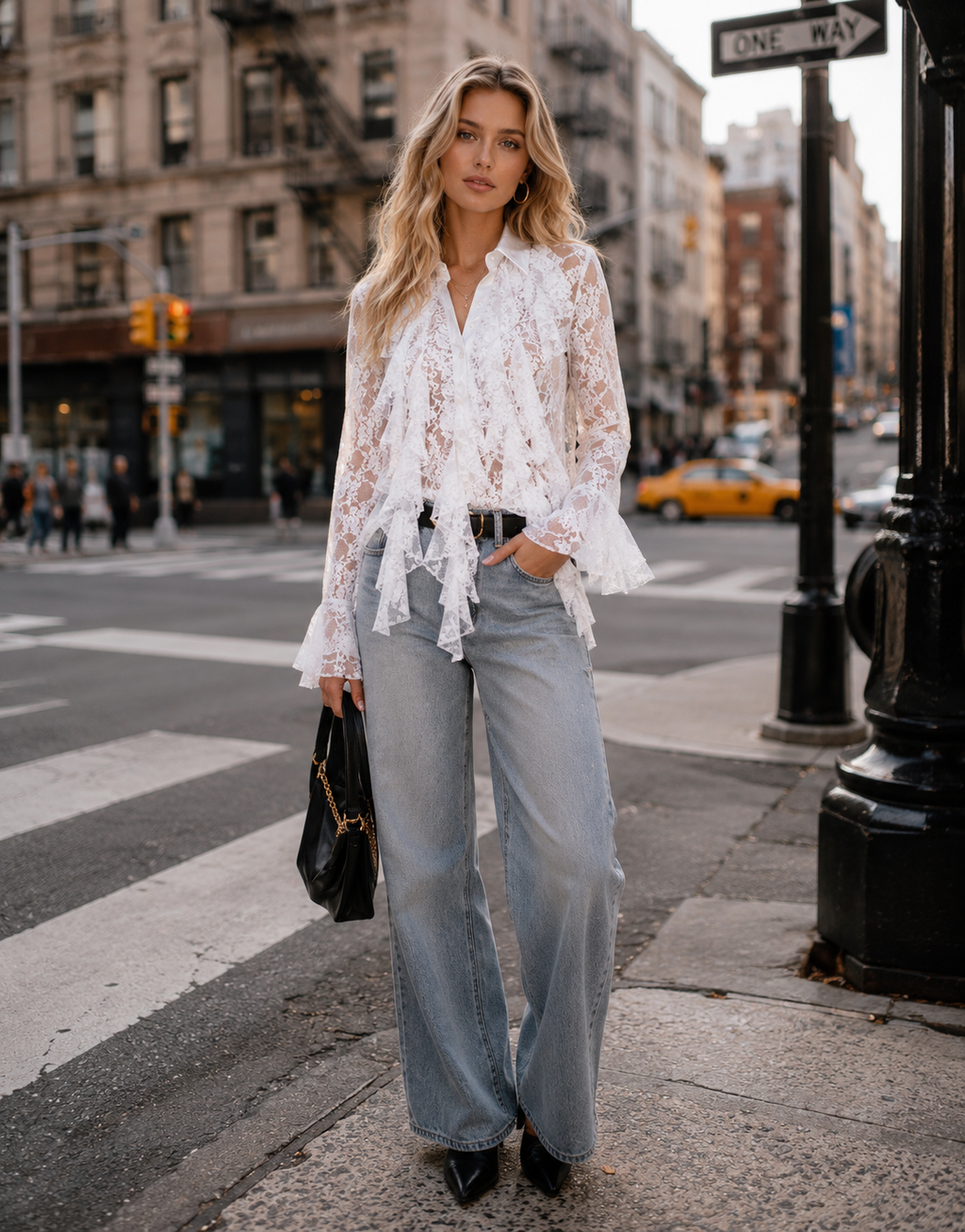 Lace Ruffle Long Sleeve Top - White