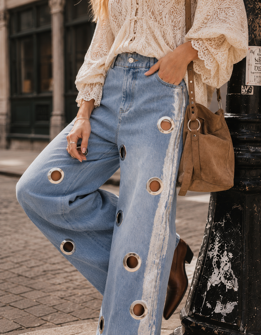 Wide-Leg Grommet Detail Jeans - Denim