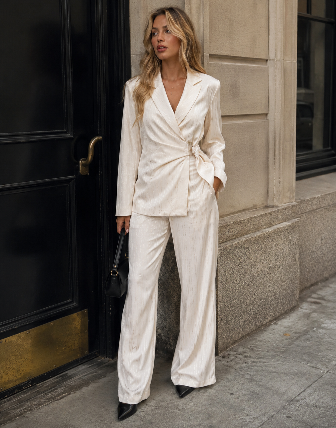 Satin Blazer and Trouser Set - Beige