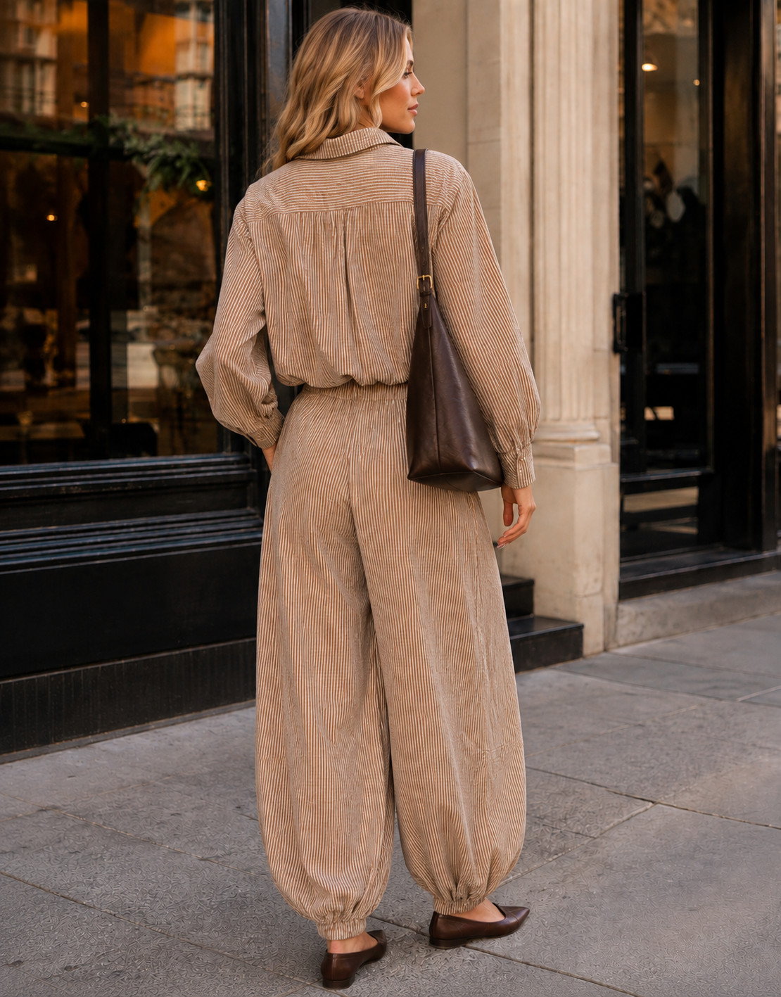 Striped Shirt And Pant Set - Brown